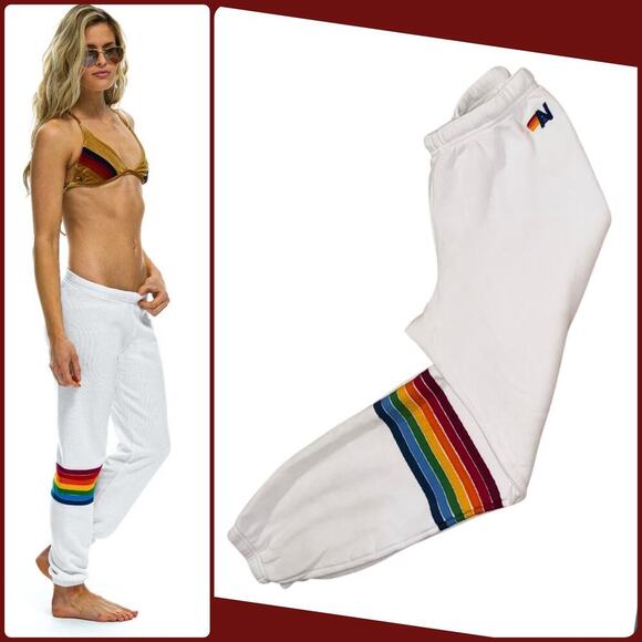 Aviator Nation Pants - Aviator Nation Rainbow Stitch White Sweatpants Retro Joggers Lounge Pants